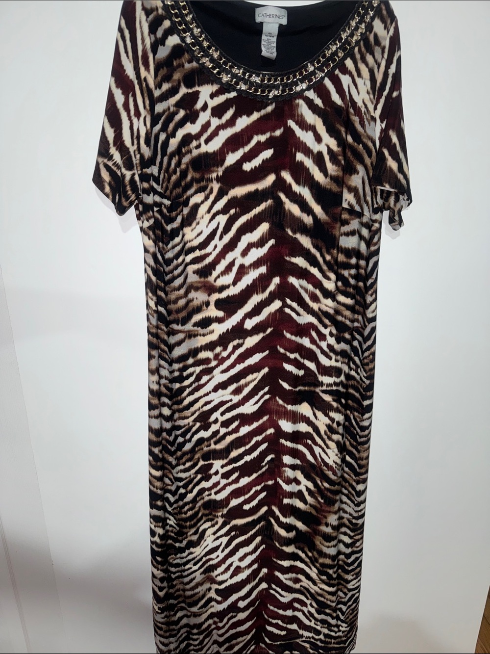 Catherines Brown Cream Zebra-Print Maxi Dress with Chain Trim